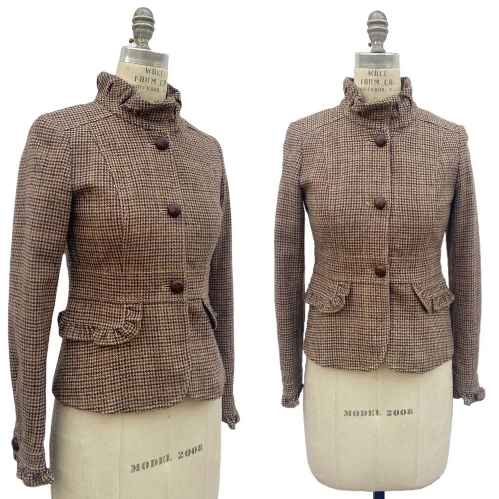 J. Crew Brown Tweed Houndstooth Wool Ruffle Trim Jacket Blazer - Picture 1 of 8